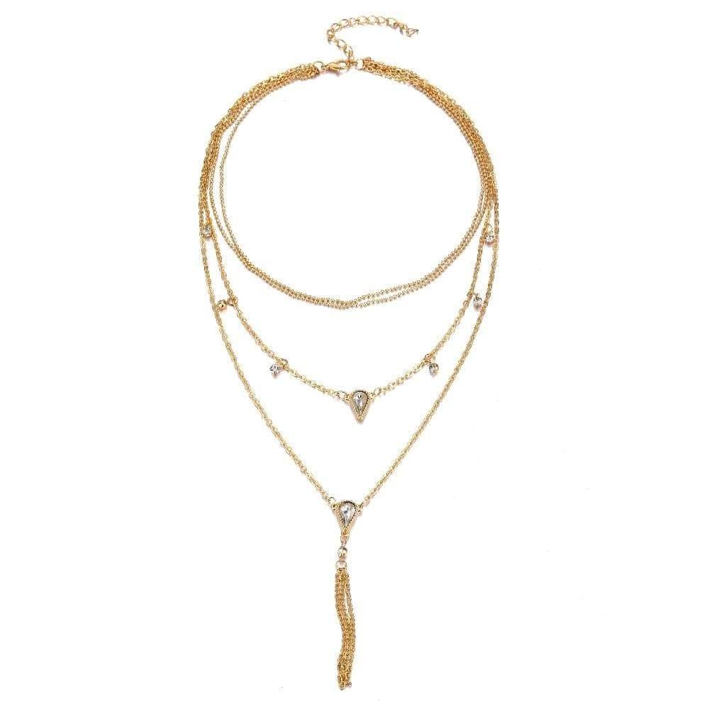 Gold Plated Trendy Pear Drop Cubic Zirconia Tassel Layered Choker Necklace