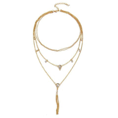 Gold Plated Trendy Pear Drop Cubic Zirconia Tassel Layered Choker Necklace