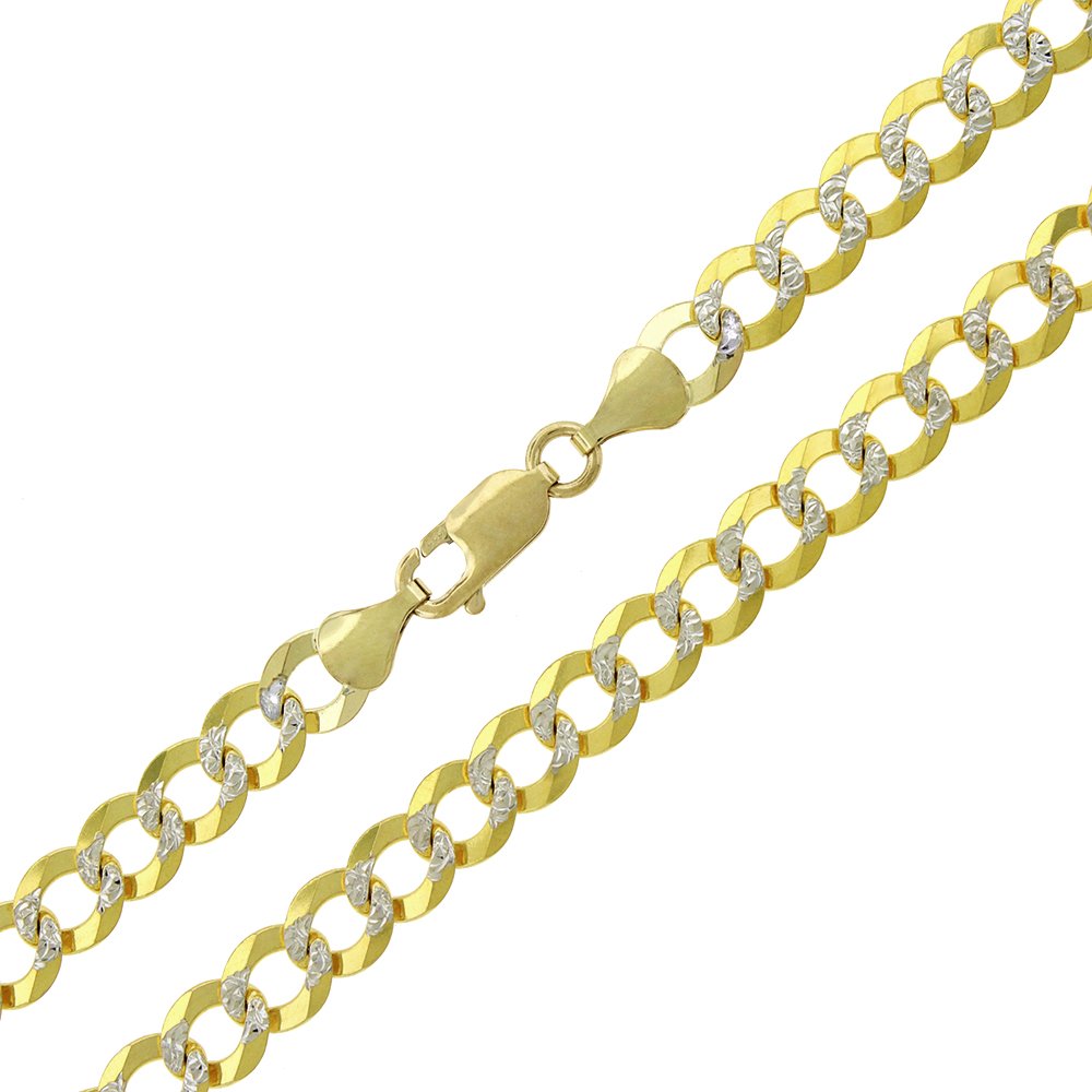 14K Yellow Gold 7mm Solid Cuban Diamond Cut Pave Curb Link Chain