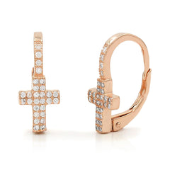 925 Sterling Silver Gold Plated Micro Pave Minimalist Cross Leverback Earrings