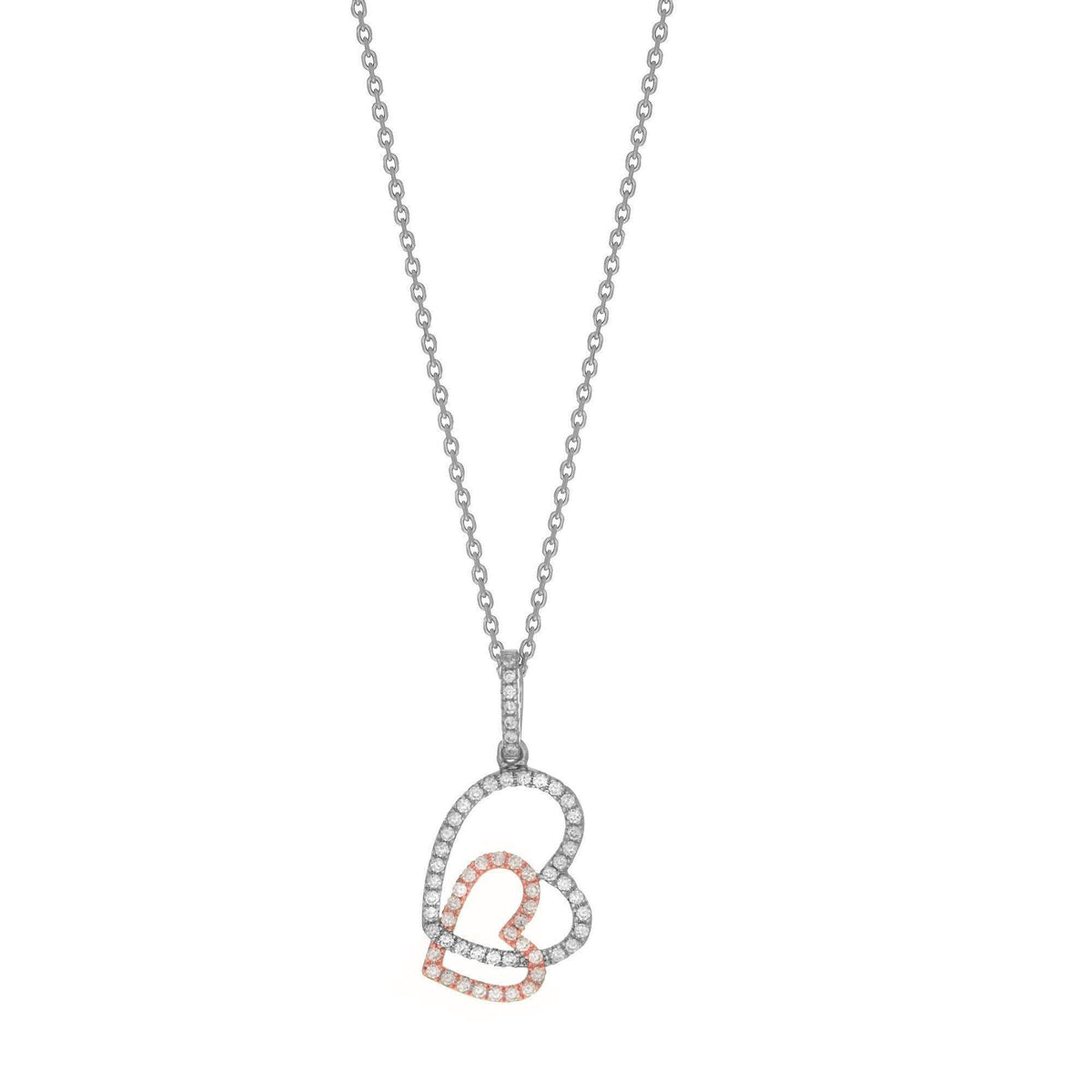 925 Sterling Silver Two-Tone Micro Pave Double Heart Pendant Necklace