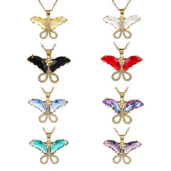 Gold Plated Micro Pave Butterfly Pendant Necklace, Stainless Steel