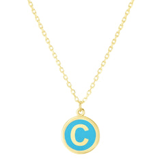 14K Yellow Gold Turquoise Enamel Initial Disc Pendant Necklace