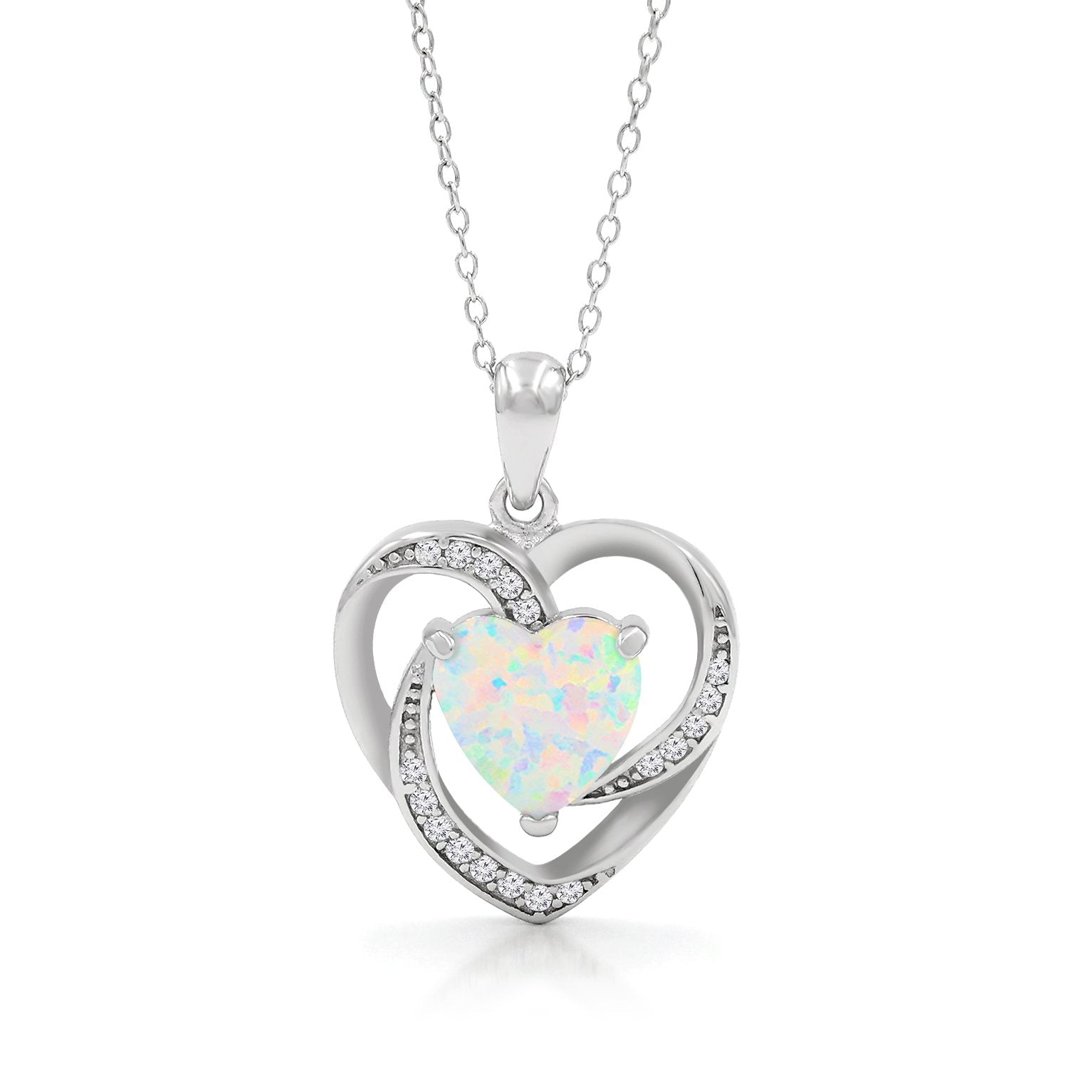 925 Sterling Silver Micro Pave White Fire Opal Heart Necklace