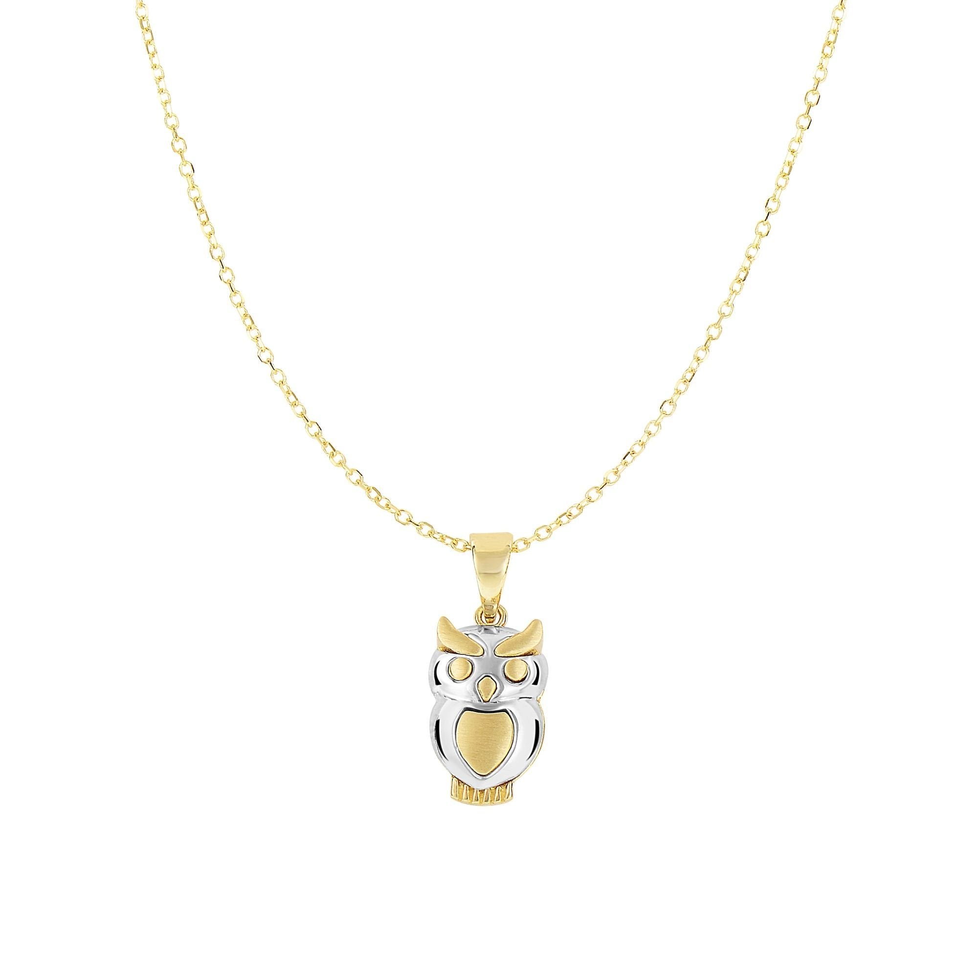 14K Gold Two Tone Owl Pendant Necklace