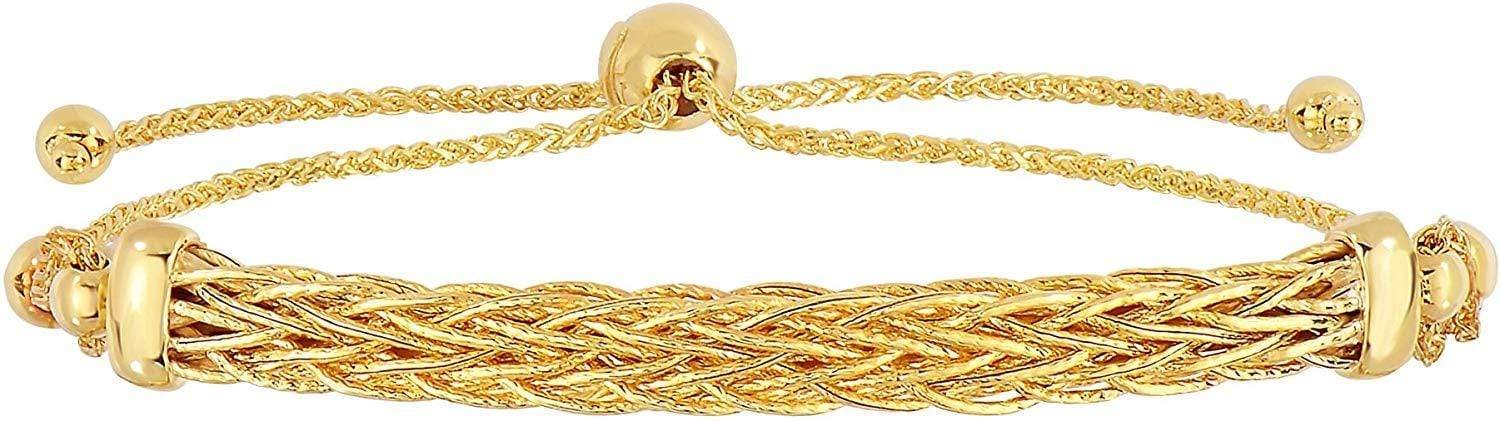 14K Yellow Gold Woven Bar Adjustable Pull Bolo Bracelet