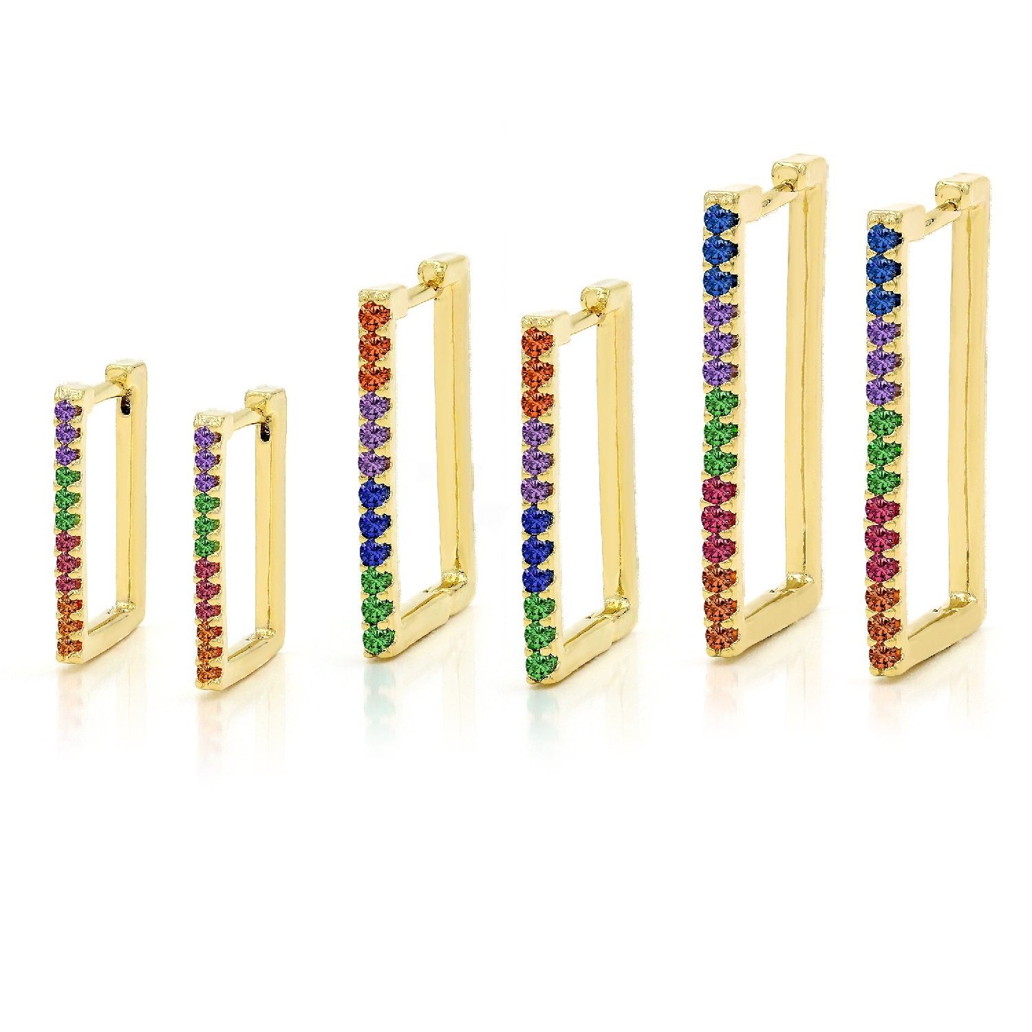 Gold Plated Trendy Rainbow Cubic Zirconia Rectangular Hoop Earrings