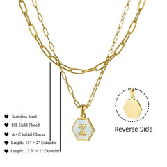 Stainless Steel Gold Plated Mother of Pearl Initial A - Z Layered Paper Clip Choker Necklace