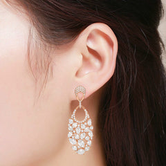 925 Sterling Silver Gold Plated Micro Pave Fancy Oval Cluster Dangle Drop Earrings