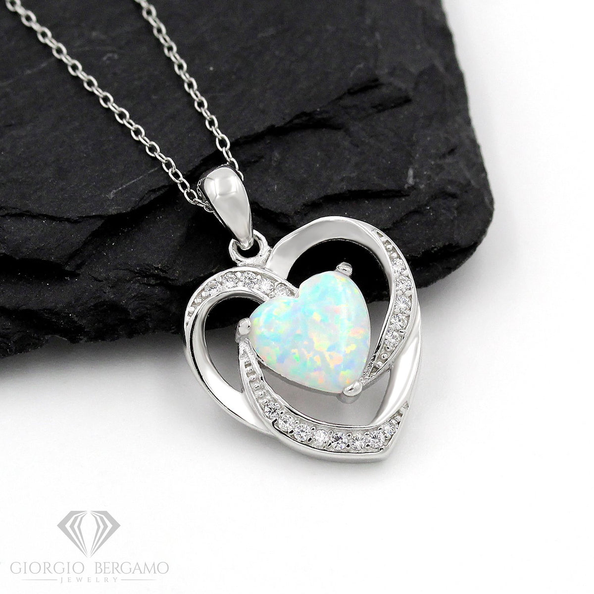 925 Sterling Silver Micro Pave White Fire Opal Heart Pendant
