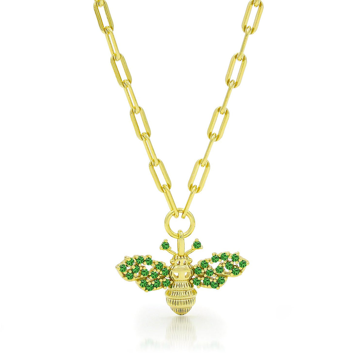925 Sterling Silver Emerald Winged Bumblebee Necklace on Paper Clip Chain