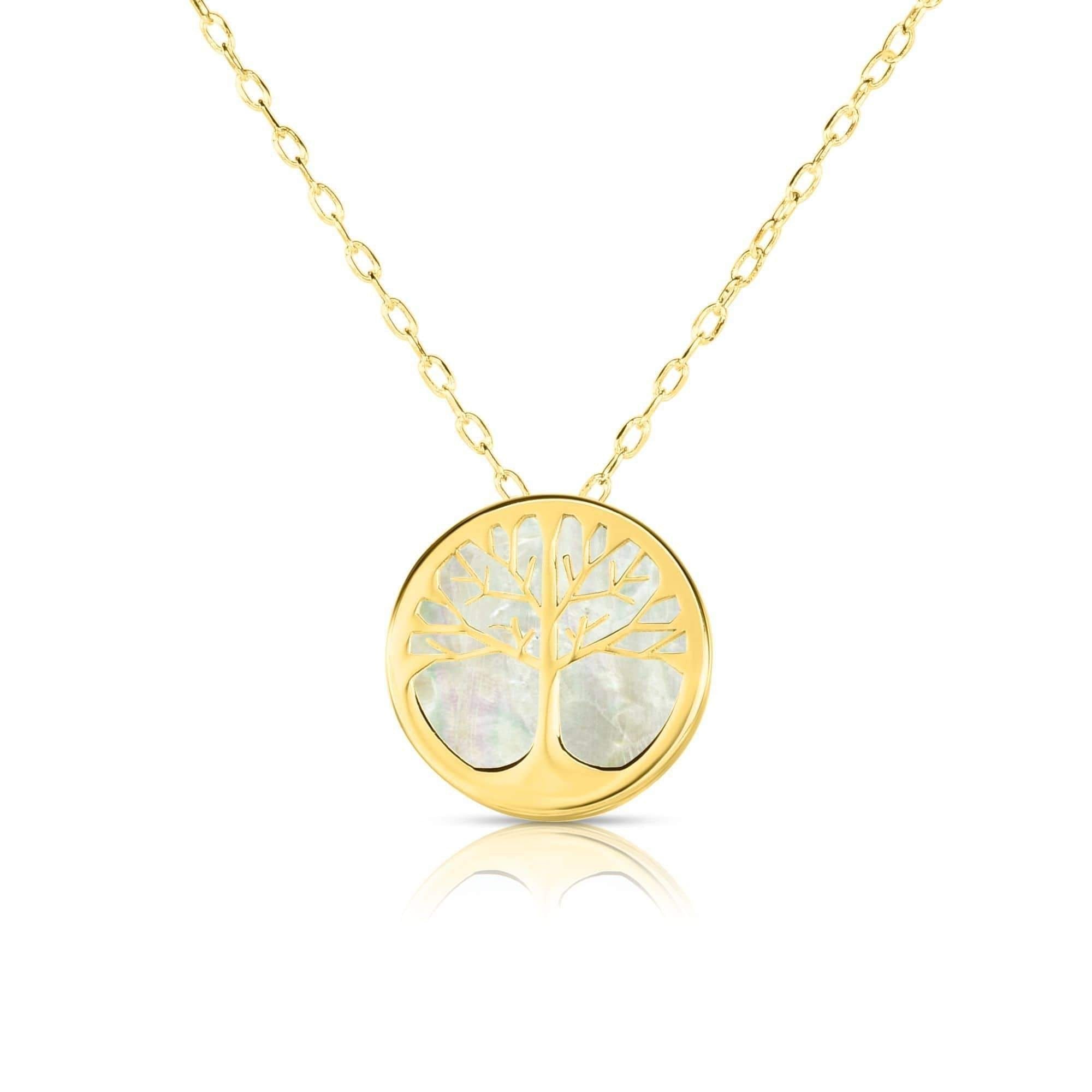 14K Yellow Gold Mother of Pearl Tree of Life Disc Pendant Necklace
