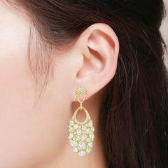 925 Sterling Silver Gold Plated Micro Pave Fancy Oval Cluster Dangle Drop Earrings