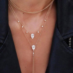 Gold Plated Trendy Pear Drop Cubic Zirconia Tassel Layered Choker Necklace
