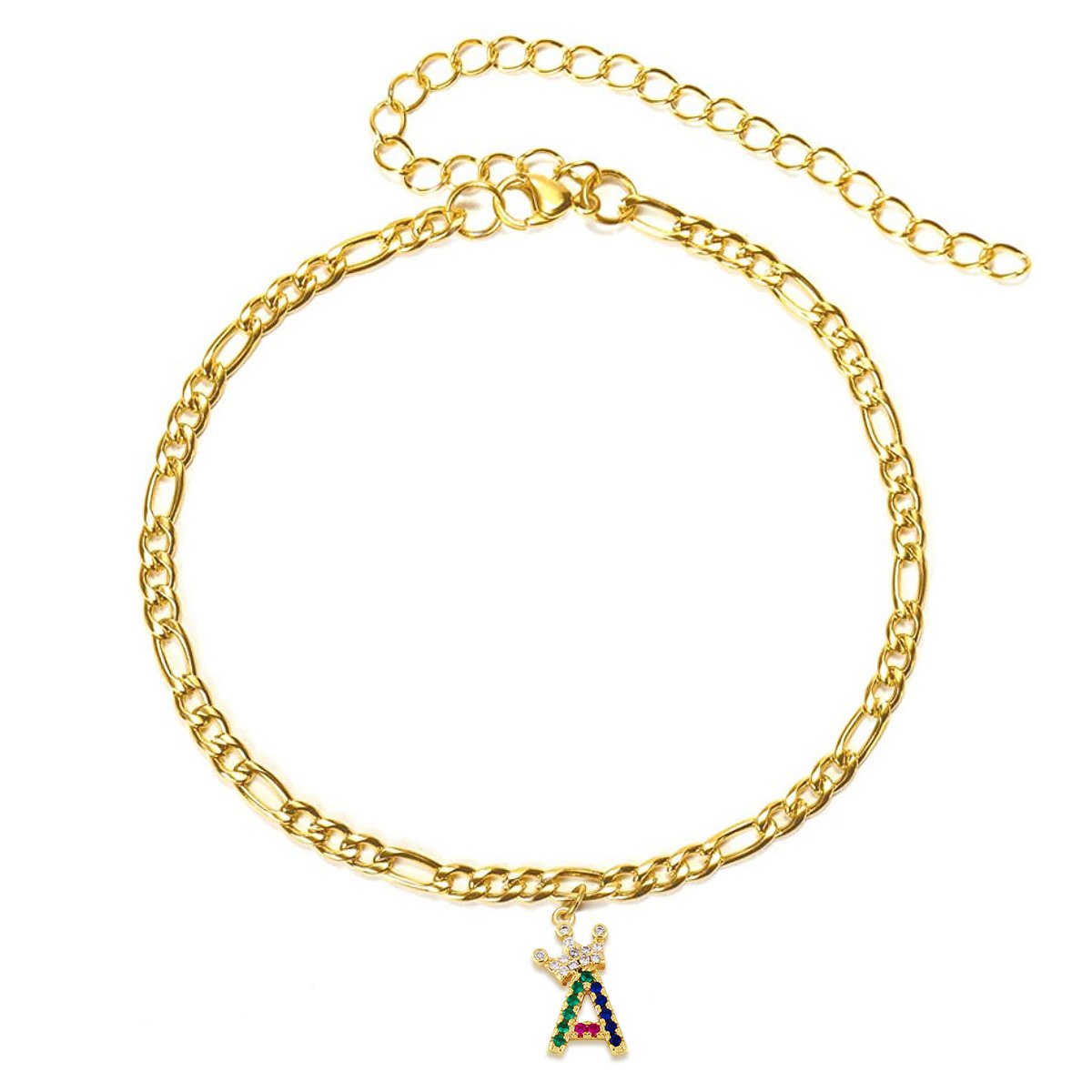 Stainless Steel Gold Plated Rainbow Crown Initial A - Z  Figaro Ankle Bracelet