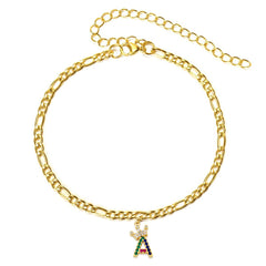 Stainless Steel Gold Plated Rainbow Crown Initial A - Z  Figaro Ankle Bracelet
