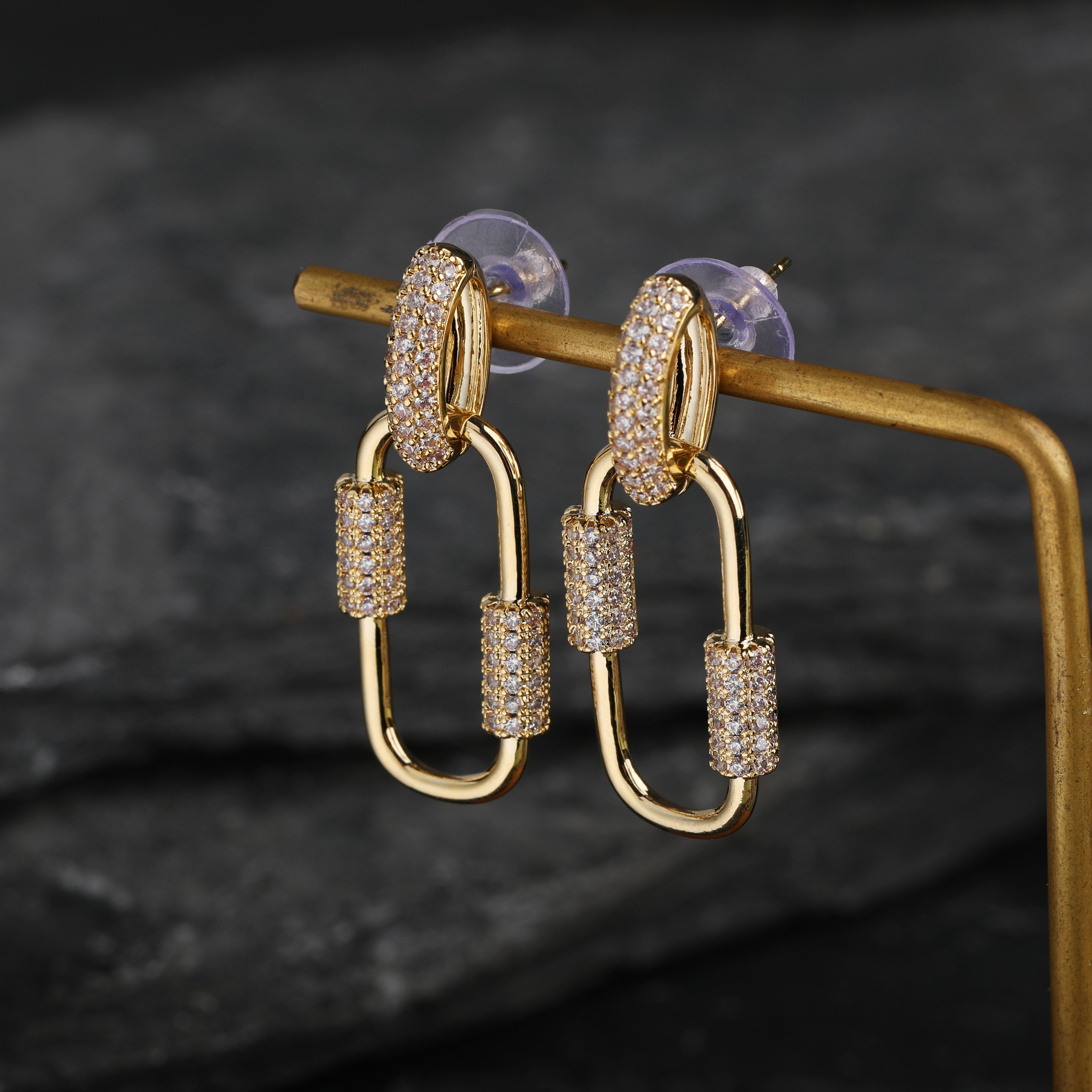 Gold Plated Trendy Paper Clip Micro Pave Drop Earrings