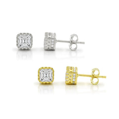 925 Sterling Silver Gold Plated Asscher Cut Crowned Stud Earring