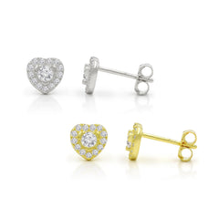 925 Sterling Silver Gold Plated Micro Pave Minimalist Heart Halo Stud Earring