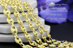 925 Sterling Silver 11mm Puff Mariner Hollow Gold Plated Chain