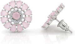 White Gold Plated Flower Cluster Round Halo Stud Earrings