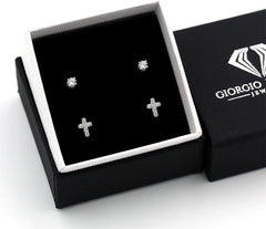 925 Sterling Silver CZ Cross & Solitaire Stud Earring Set