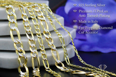 925 Sterling Silver Solid Figaro 10.5mm Diamond Cut Two Tone Pave Chain