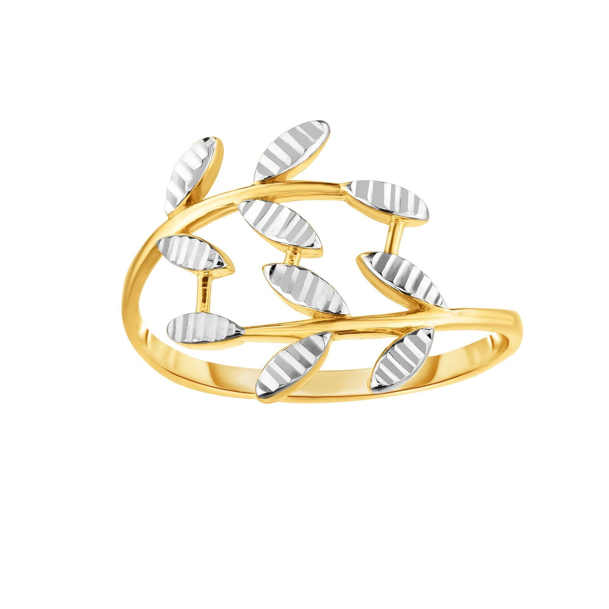 14K Two Tone Gold Diamond Cut Bypass Leaf Minimalist Ring