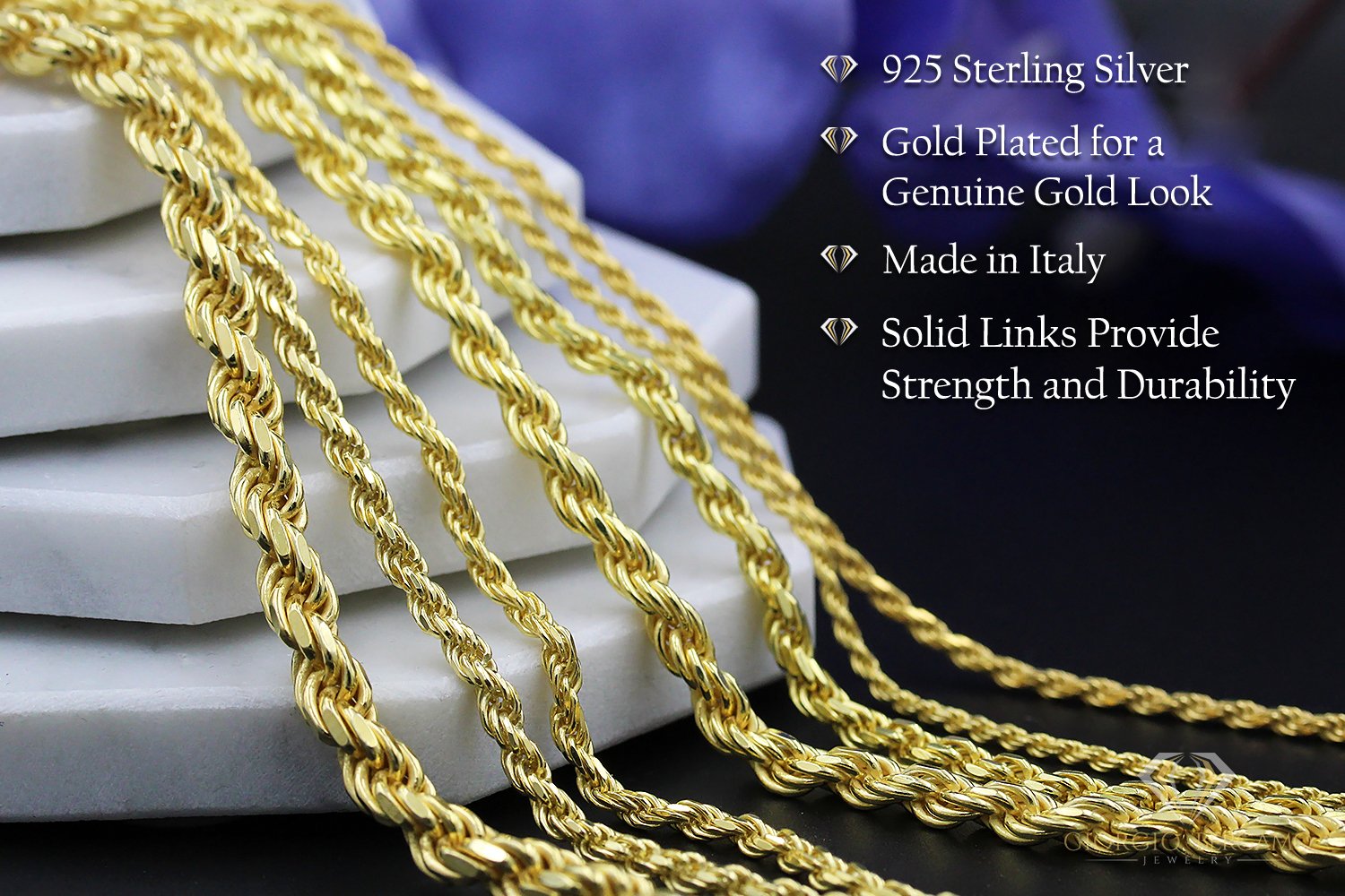 925 Sterling Silver 5.5mm Solid Rope Diamond Cut Gold Plated Chain