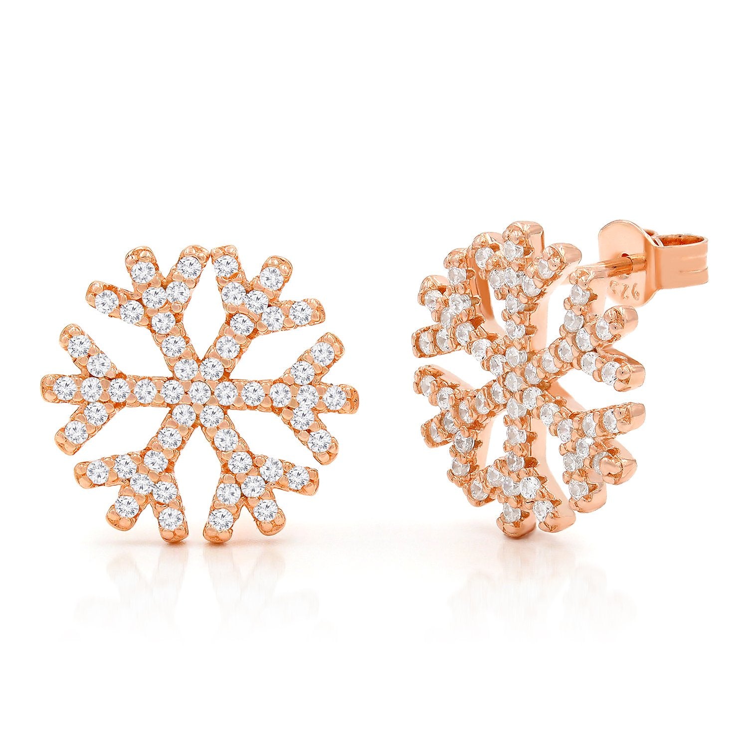 925 Sterling Silver Rose Gold Plated Micro Pave Snowflake Stud Earrings