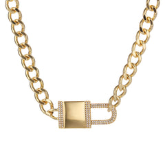 Gold Plated Trendy Cuban Link Chain With Micro Pave Lock Charm Necklace