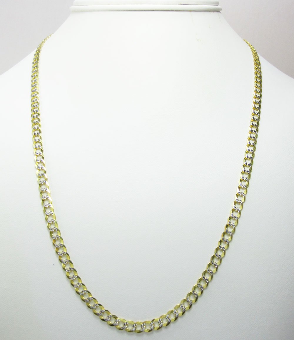 14K Yellow Gold 4.5mm Solid Cuban Diamond Cut Pave Curb Link Chain