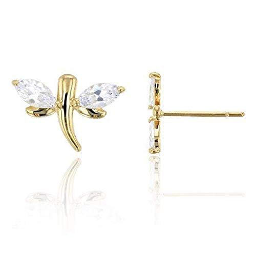14K Yellow Gold Crystal Dragonfly Childrens Stud Earring
