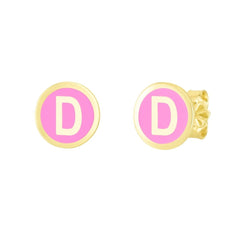 14K Yellow Gold Pink Enamel Initial Disc Stud Earrings