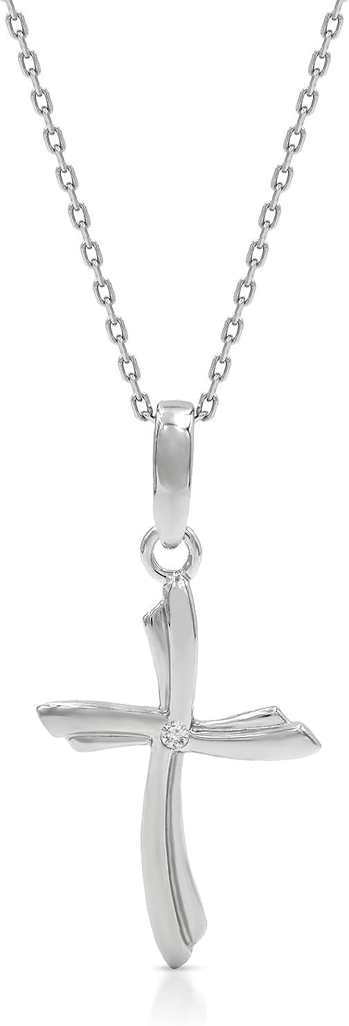 925 Sterling Silver Minimalist Diamond Accent Wavy Cross Pendant Necklace