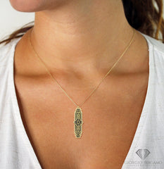 14K Yellow Gold Mother of Pearl, Black Onyx Art Deco Elongated Pendant Necklace,