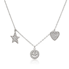 925 Sterling Silver Micro Pave Heart, Emoji, Star, Charm Necklace