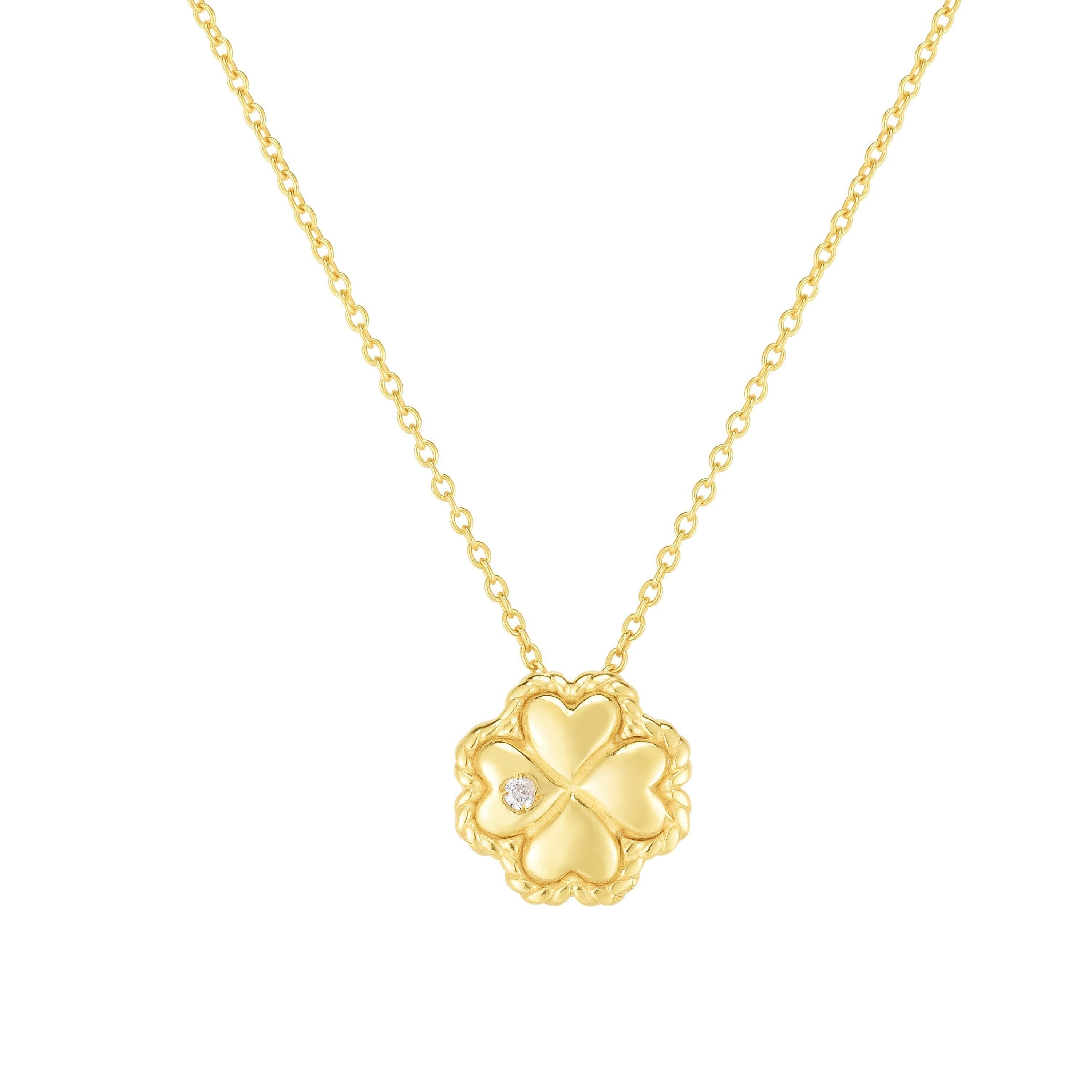14K Yellow Gold Diamond Accent Lucky Four Leaf Clover Pendant Necklace
