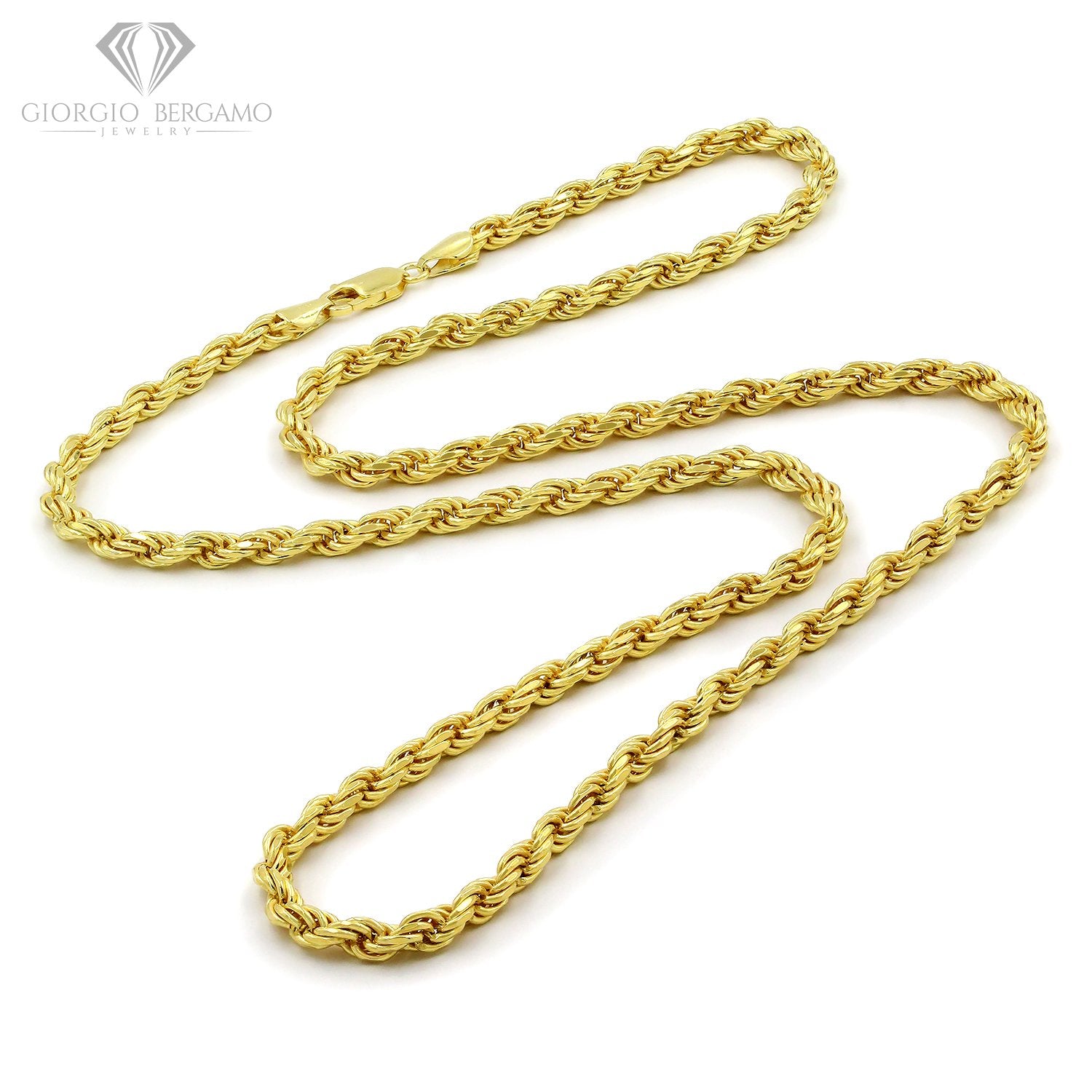 925 Sterling Silver 5mm Solid Rope Diamond Cut Gold Plated Chain