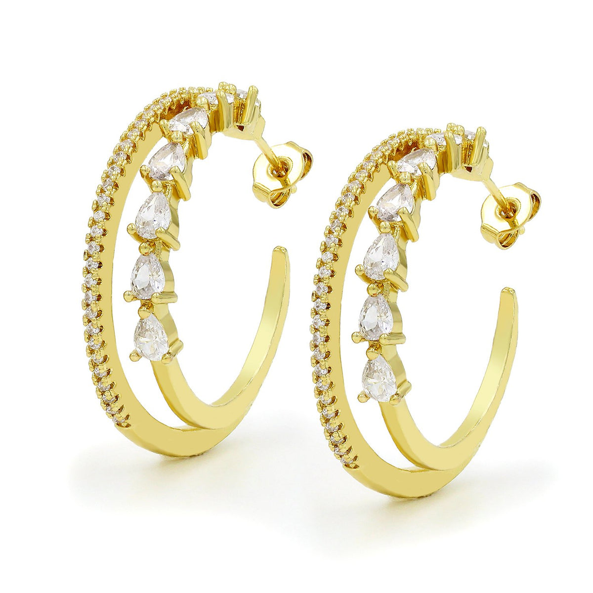 Gold Plated Micro Pave Double Row Pear & Bar Hoop Earring