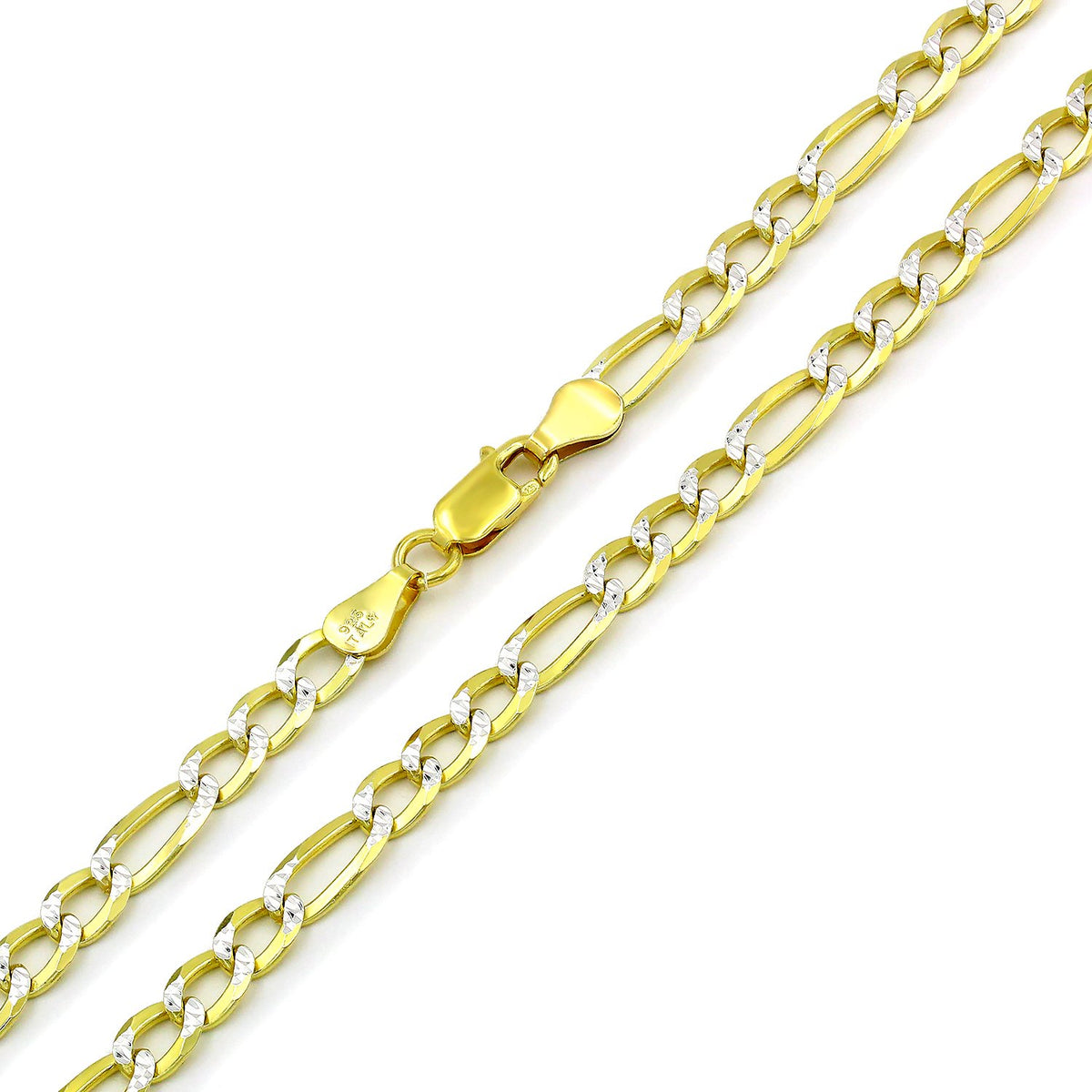925 Sterling Silver Solid Figaro 5mm Diamond Cut Two Tone Pave Chain