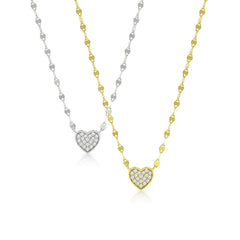 925 Sterling Silver Mirror Link Pave Heart Minimalist Necklace