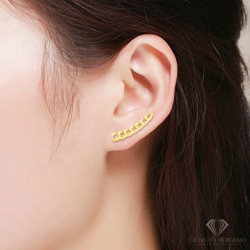 14K Yellow Gold Polished Cuban, Curb Link Ear Climber Earring