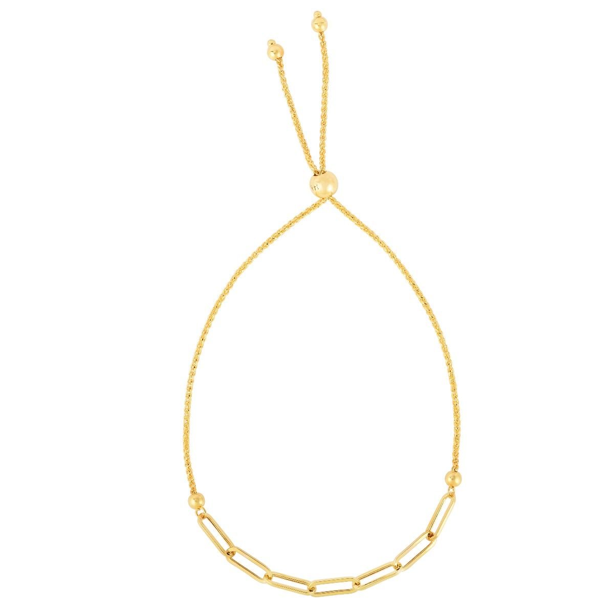 14K Yellow Gold Paper Clip Chain Adjustable Pull Bolo Bracelet