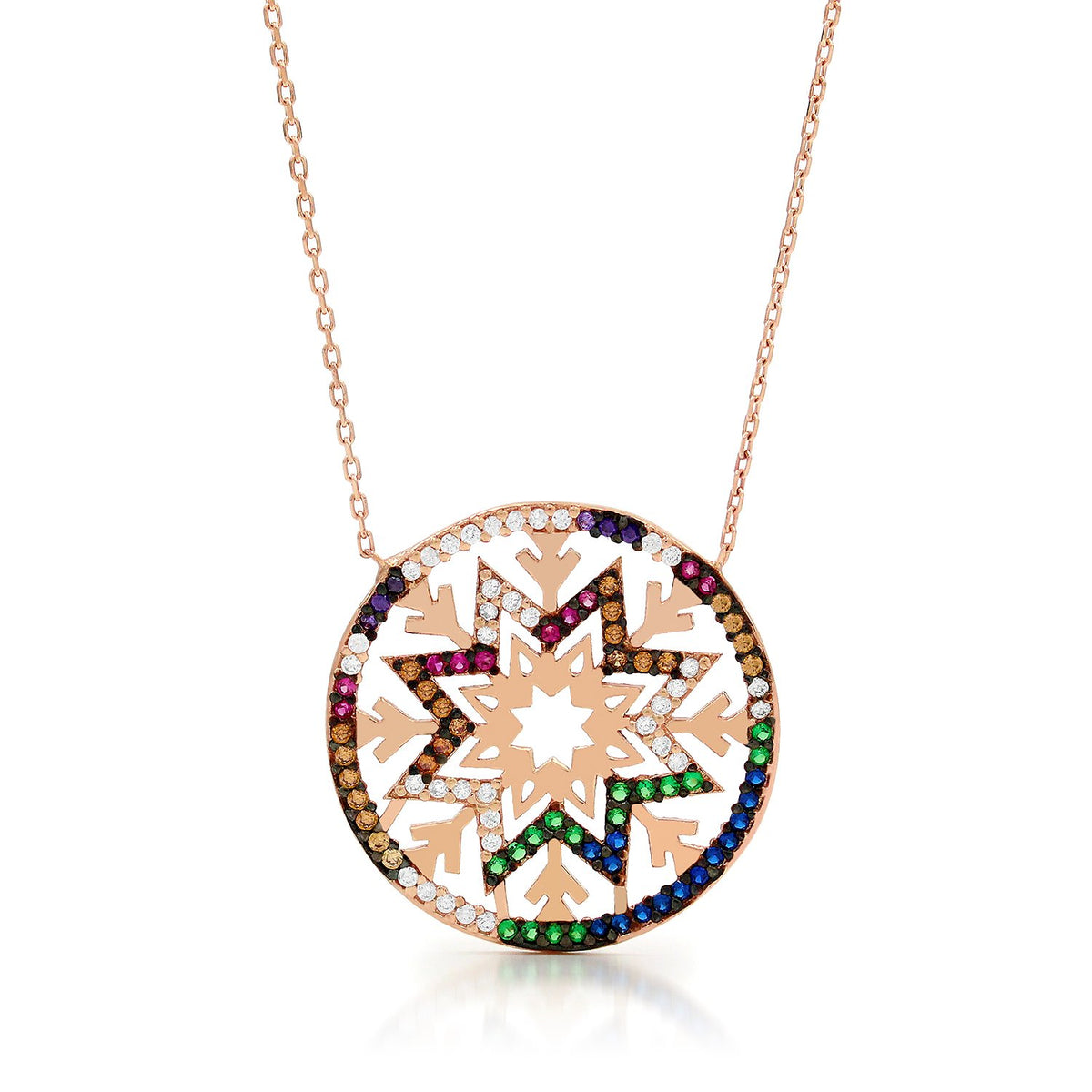 925 Sterling Silver Rose Gold Plated Multi-Color Snowflake Disc Pendant Necklace
