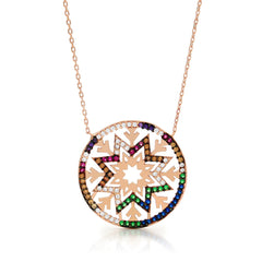 925 Sterling Silver Rose Gold Plated Multi-Color Snowflake Disc Pendant Necklace