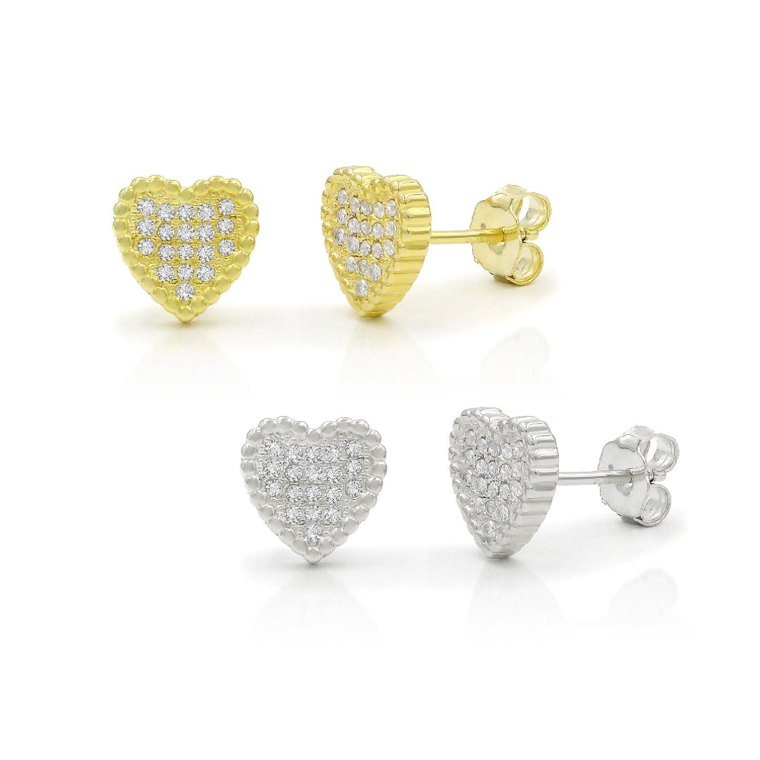 925 Sterling Silver Gold Plated Micro Pave Minimalist Heart Stud Earring