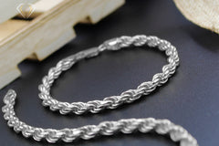 925 Sterling Silver 5.5mm Solid Rope Diamond Cut Rhodium Bracelet