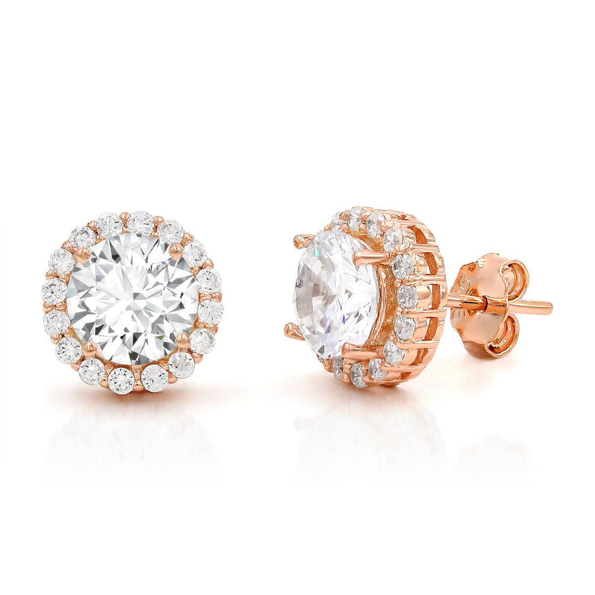 925 Sterling Silver Rose Gold Plated Round Halo Stud Earring