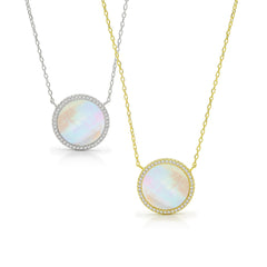 925 Sterling Silver Micro Pave Mother Of Pearl Disc Necklace